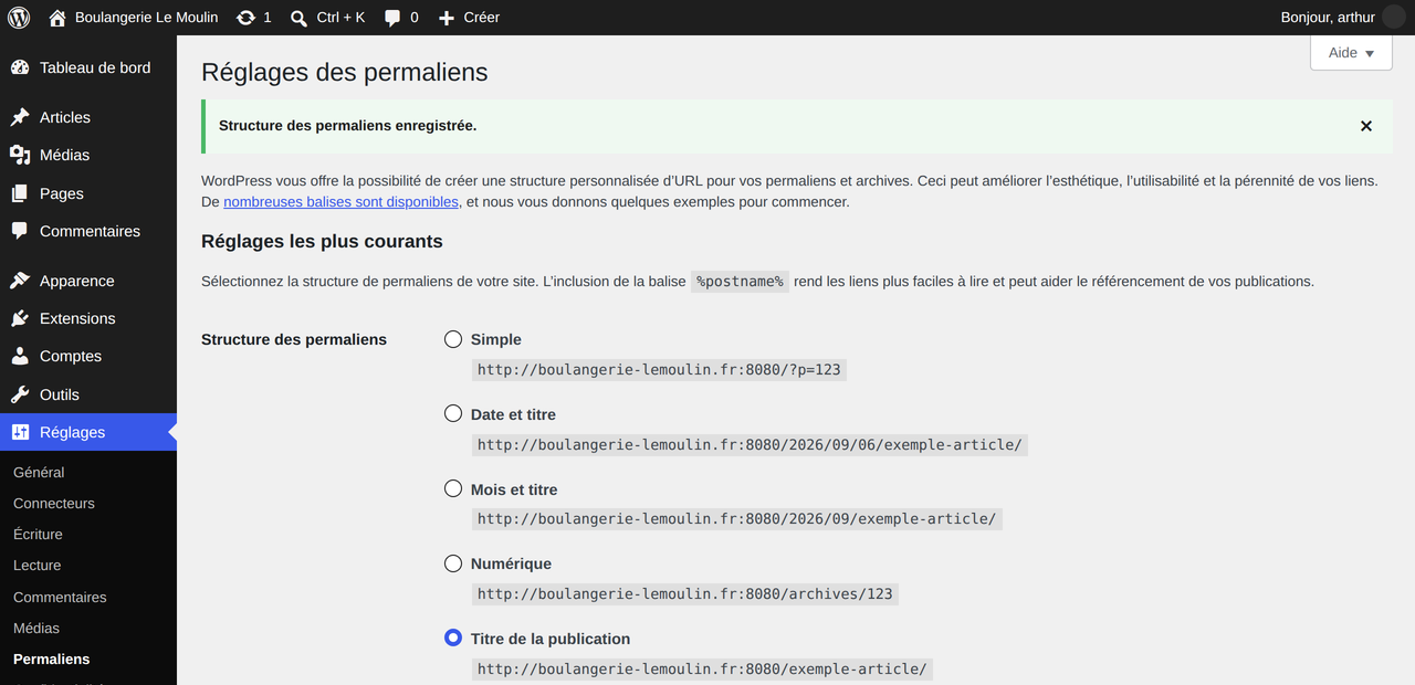 L'écran Réglages, Permaliens affichant « Réglages enregistrés » alors que le site répond toujours 404