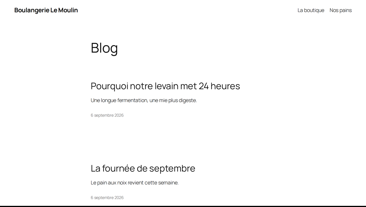 Le site boulangerie-lemoulin.fr de nouveau en ligne après correction, page d'accueil complète