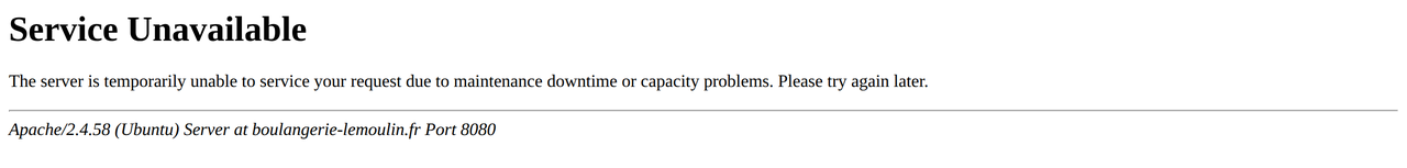 Page Service Unavailable renvoyée par Apache, texte anglais et signature du serveur en bas de page