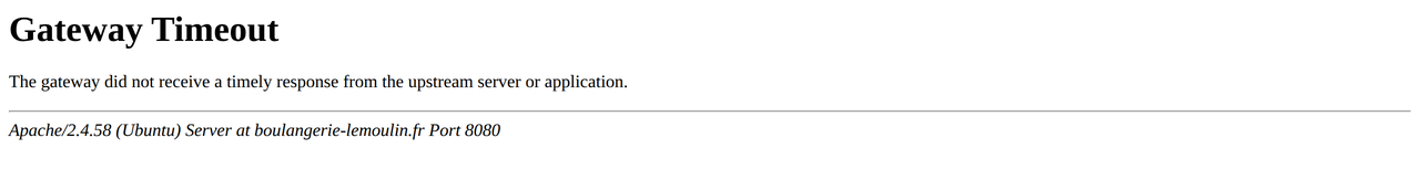 La même attente vue par Apache : une page Gateway Timeout de 338 octets, avec la signature du serveur en pied