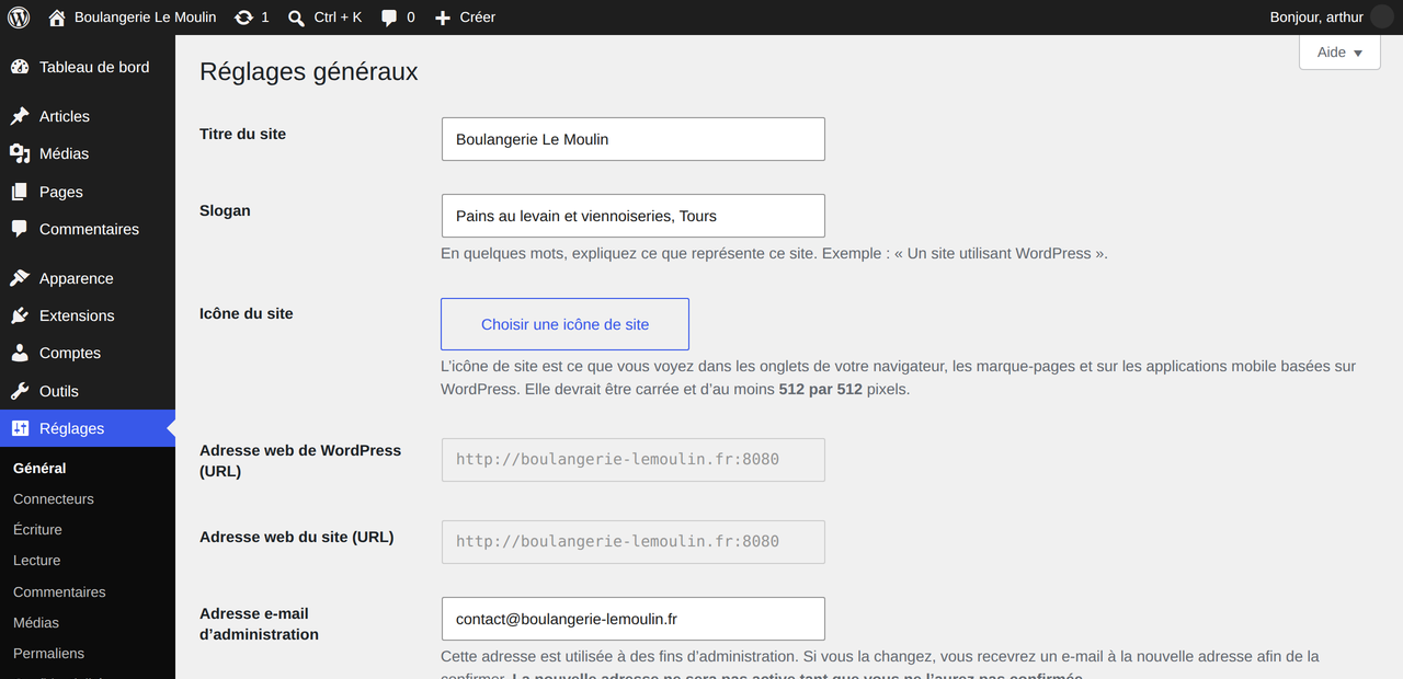 Écran Réglages, Général de WordPress, les deux champs d'adresse grisés et non modifiables parce que les constantes sont définies dans wp-config.php