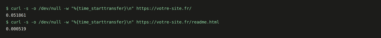 Les deux commandes curl lancées sur le site sain du laboratoire : 0,05 s pour la page d'accueil, 0,0006 s pour le fichier statique