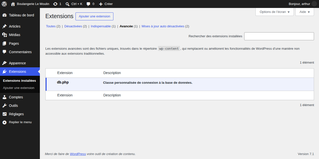 L'onglet Avancée listant un fichier db.php, lui aussi sans case à cocher ni action