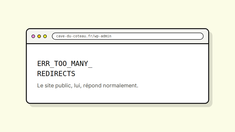 Fenêtre de navigateur sur une adresse wp-admin affichant ERR_TOO_MANY_REDIRECTS